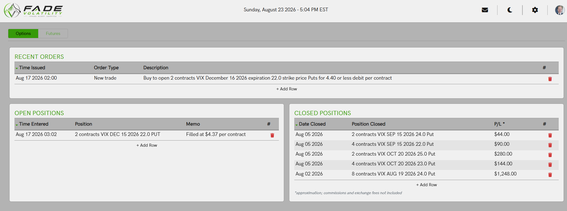 Member portal showing recent orders, open positions, and closed positions with P&L